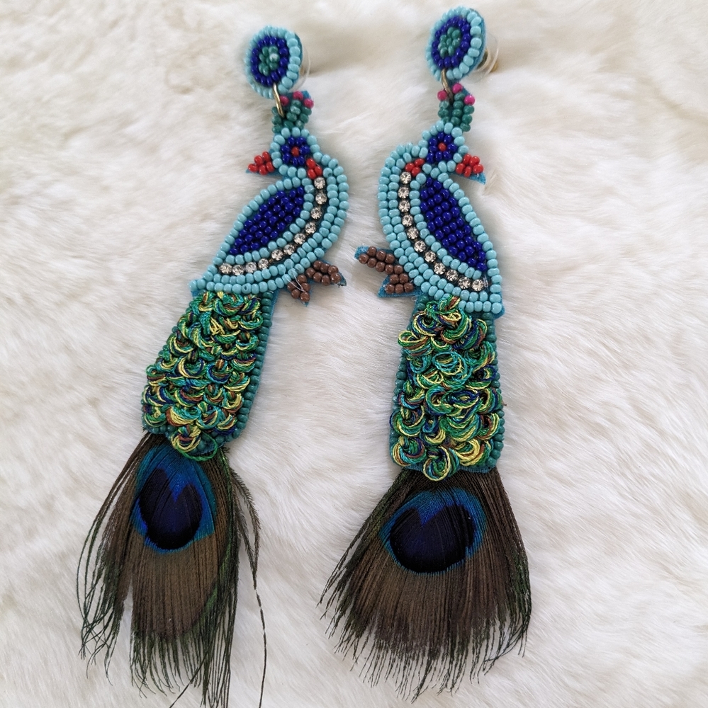Peacock Beaded Feather Earrings